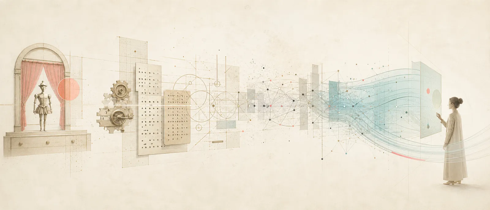 Línea temporal abstracta de la inteligencia artificial desde los autómatas y la ciencia ficción hasta las redes neuronales y las interfaces generativas.