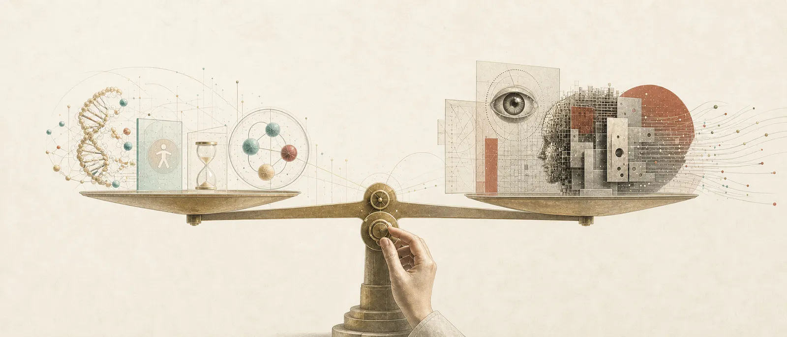 Balanza abstracta entre los beneficios y riesgos de la inteligencia artificial, ajustada por una decisión humana.