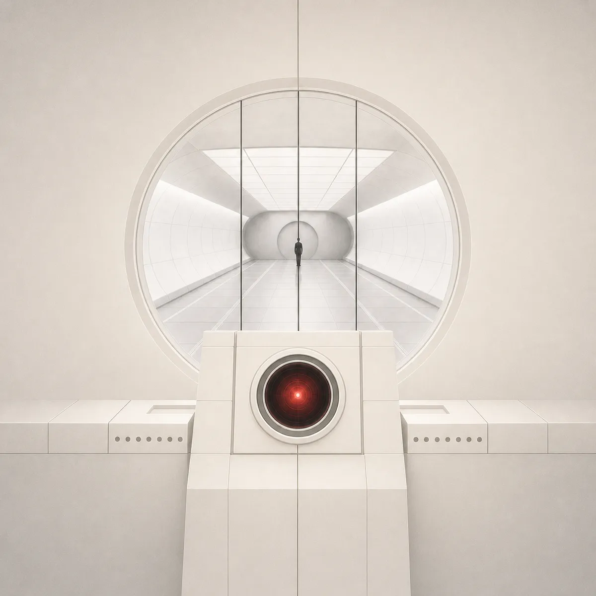 Composición editorial inspirada en el modernismo espacial de 2001, con geometría clínica, superficies blancas y un único acento rojo.