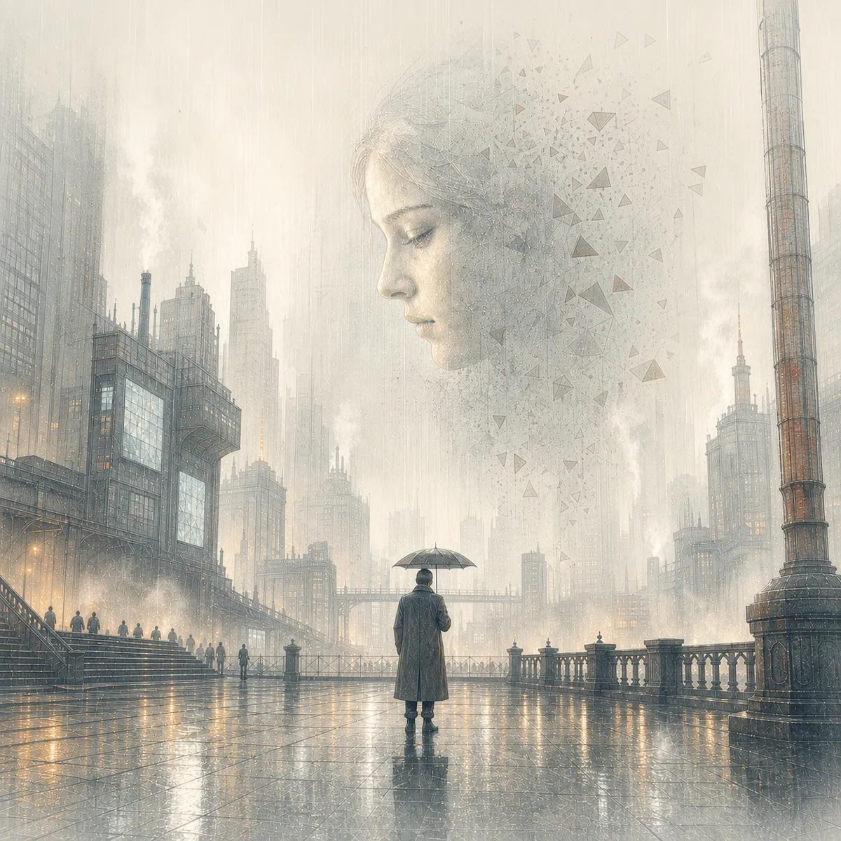Composición editorial inspirada en la ciencia ficción urbana de Blade Runner, con lluvia, humo y contrastes de luz ámbar y cian.
