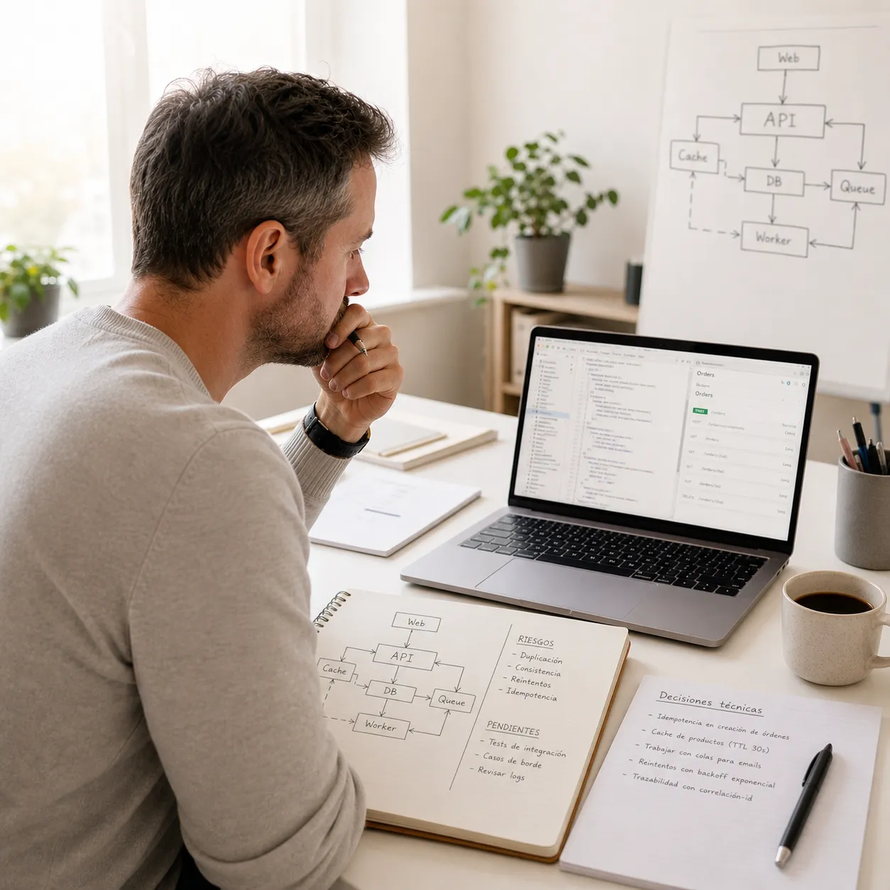 Persona revisando un sistema de software en una mesa de trabajo con documentación, pantalla, notas y señales de decisiones técnicas.