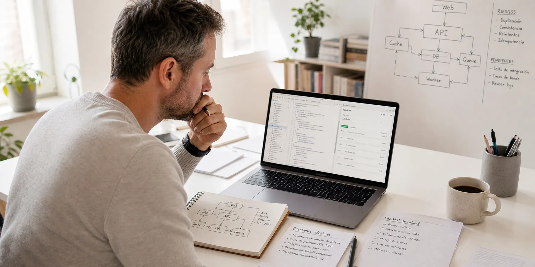 Persona revisando un sistema de software en una mesa de trabajo con documentación, pantalla, notas y señales de decisiones técnicas.