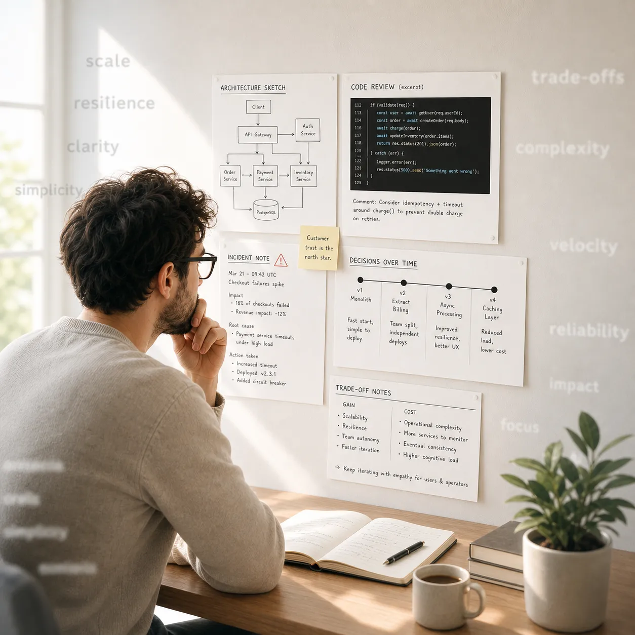 Composición editorial que contrapone palabras clave de una vacante técnica con evidencias de experiencia aplicada y decisiones reales.