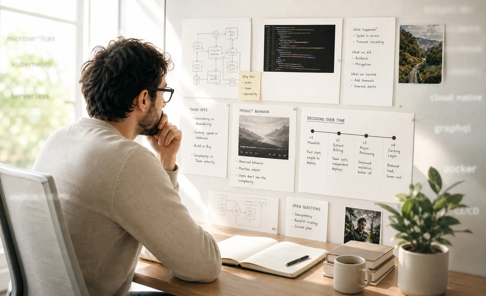 Composición editorial que contrapone palabras clave de una vacante técnica con evidencias de experiencia aplicada y decisiones reales.