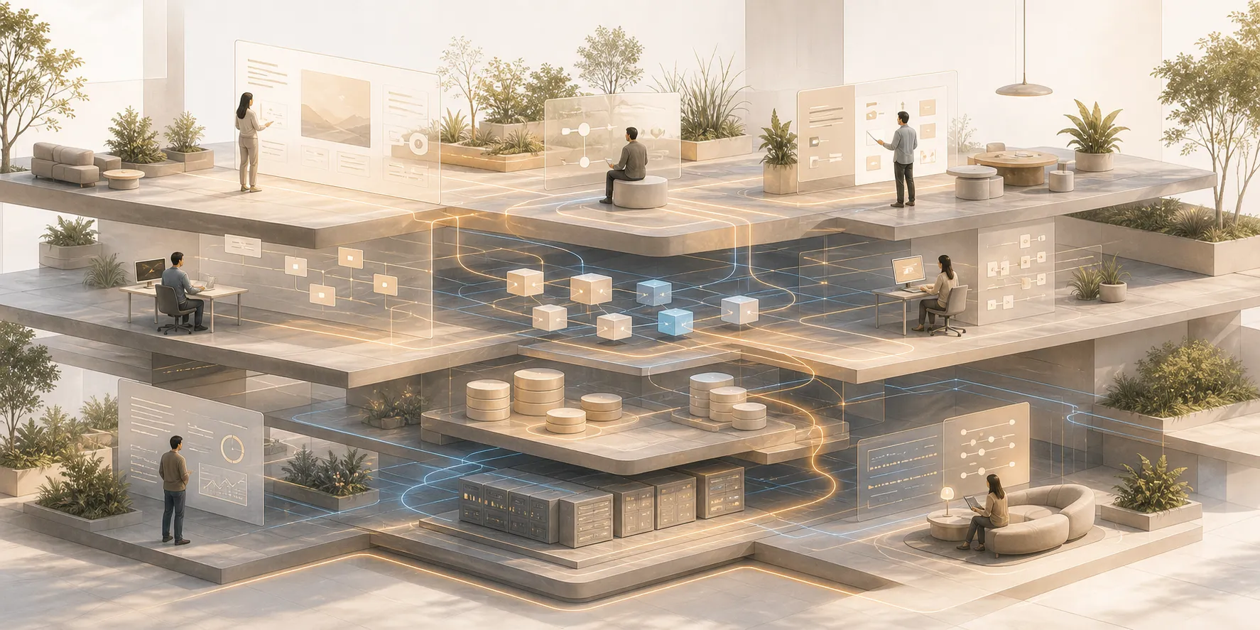 Capas conectadas de un sistema digital que representan interfaz, aplicación, datos, infraestructura, operación y producto como partes de una misma estructura.
