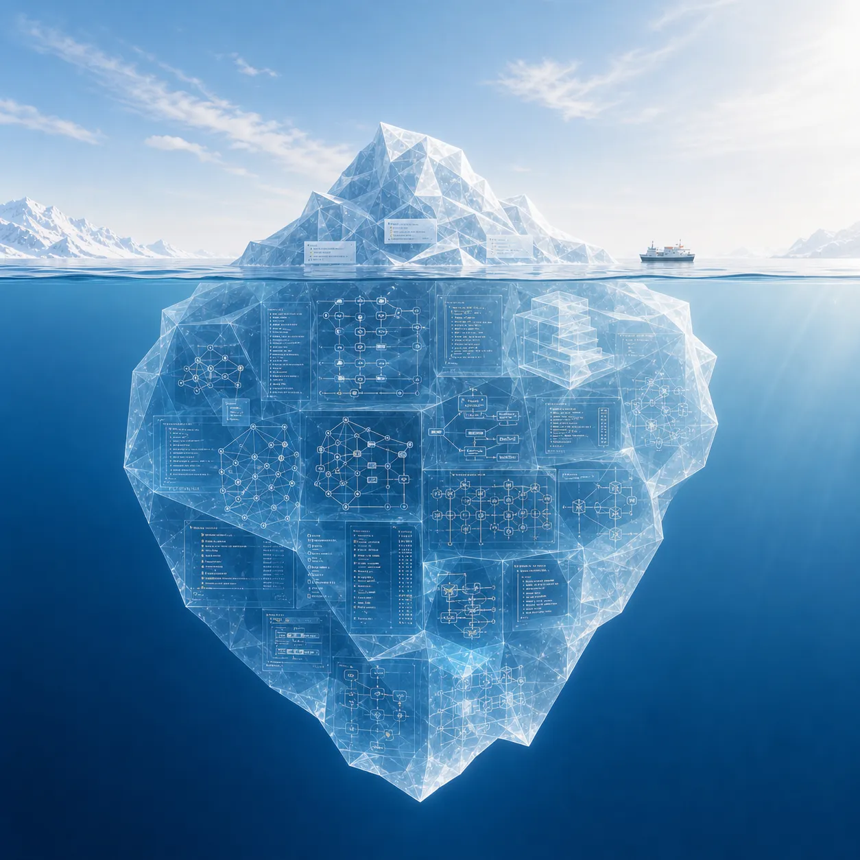Iceberg editorial que muestra aprendizaje superficial sobre la línea del agua y comprensión profunda debajo, con estructuras técnicas, pruebas, dependencias y decisiones.