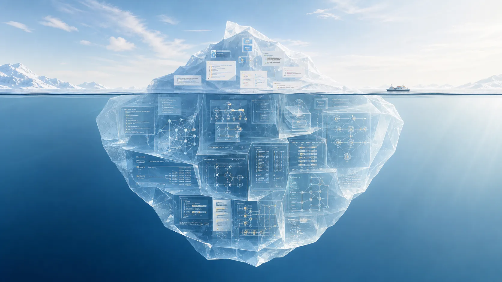 Iceberg editorial que muestra aprendizaje superficial sobre la línea del agua y comprensión profunda debajo, con estructuras técnicas, pruebas, dependencias y decisiones.