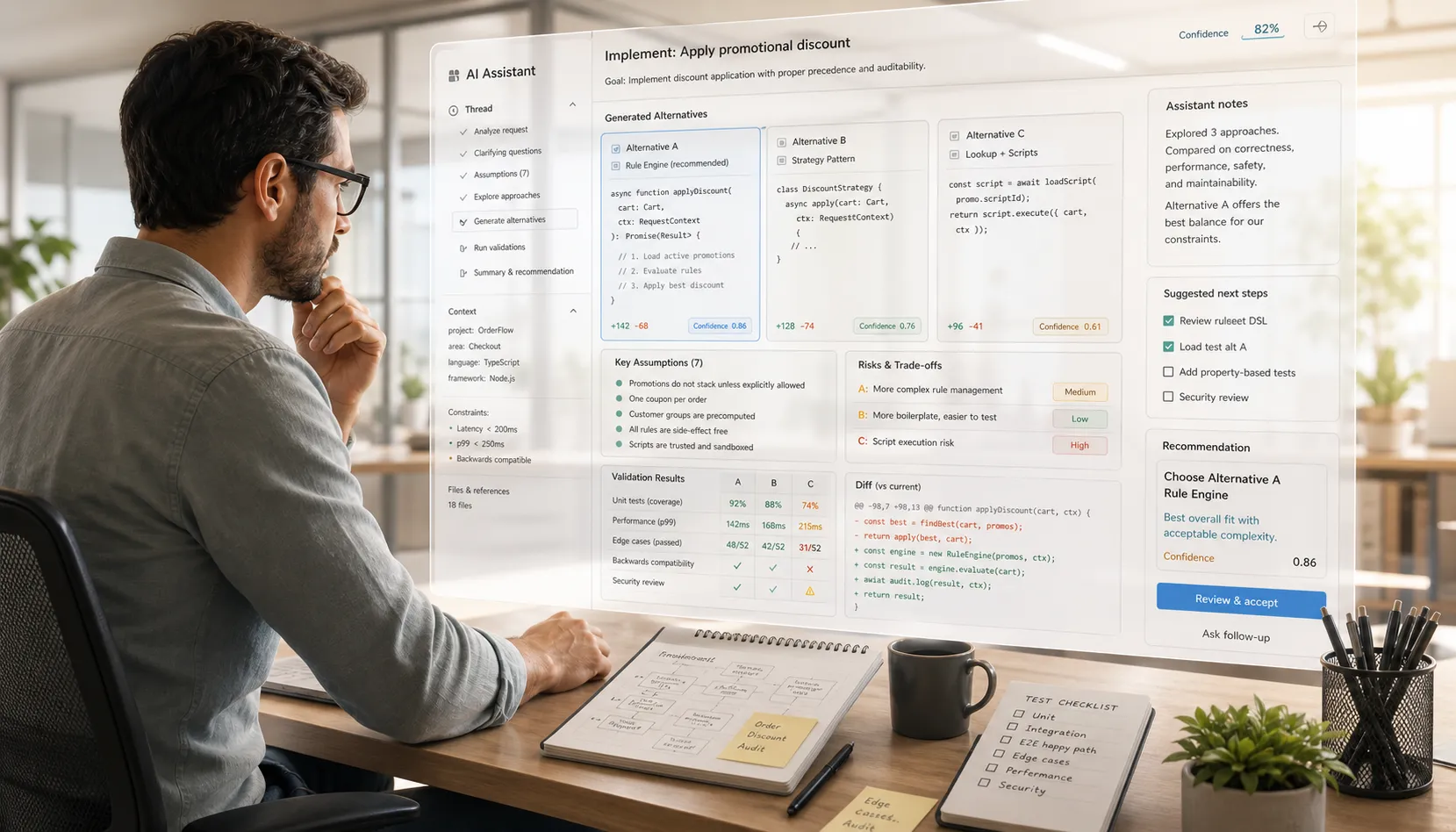 Profesional revisando alternativas generadas por IA en una interfaz avanzada, comparando riesgos, validación, pruebas y criterios antes de decidir.