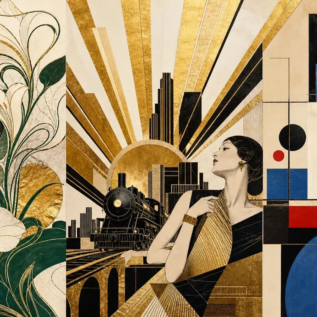 Tripico abstracto con ornamentos organicos, grilla Bauhaus y rayos Art Deco en una estetica editorial oscura.