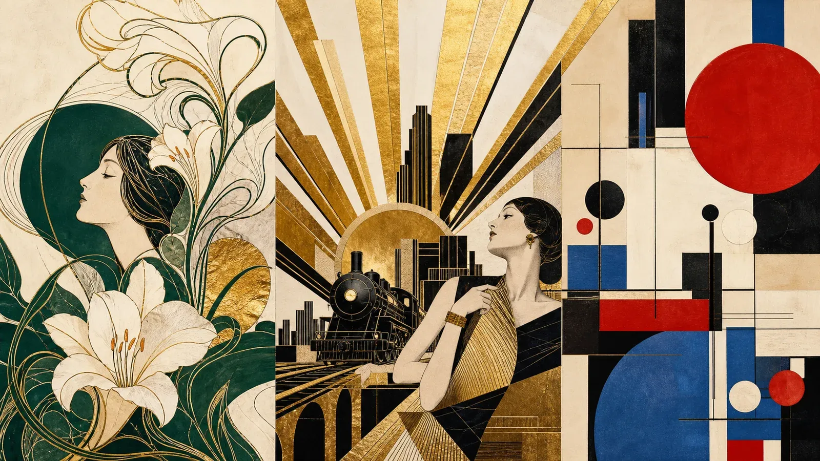 Tripico abstracto con ornamentos organicos, grilla Bauhaus y rayos Art Deco en una estetica editorial oscura.
