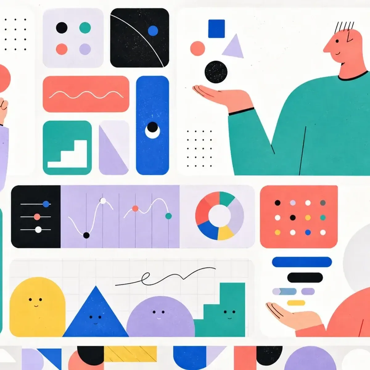 Formas geometricas sueltas que se organizan en modulos de interfaz tipo bento sobre fondo negro.