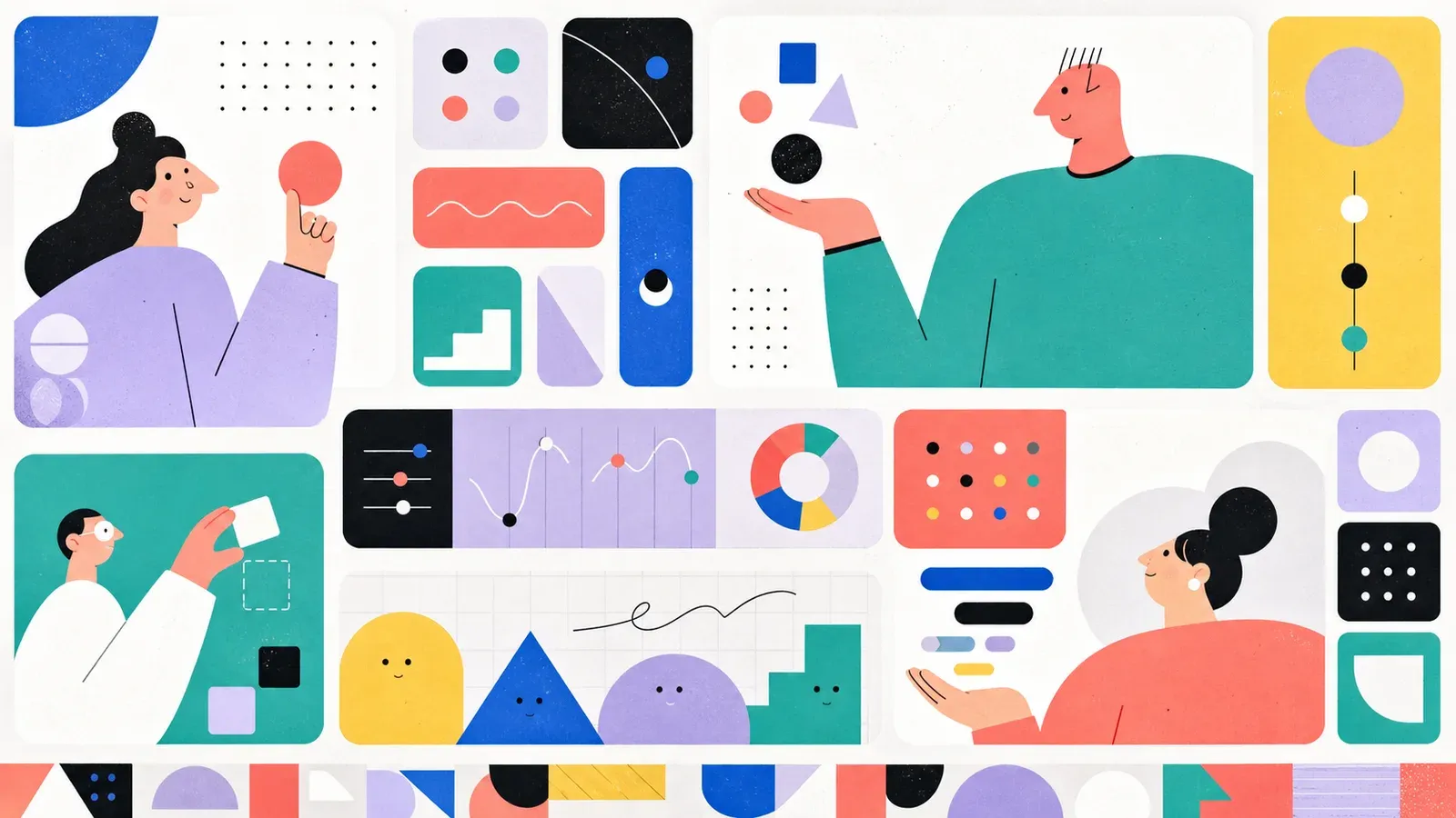 Formas geometricas sueltas que se organizan en modulos de interfaz tipo bento sobre fondo negro.