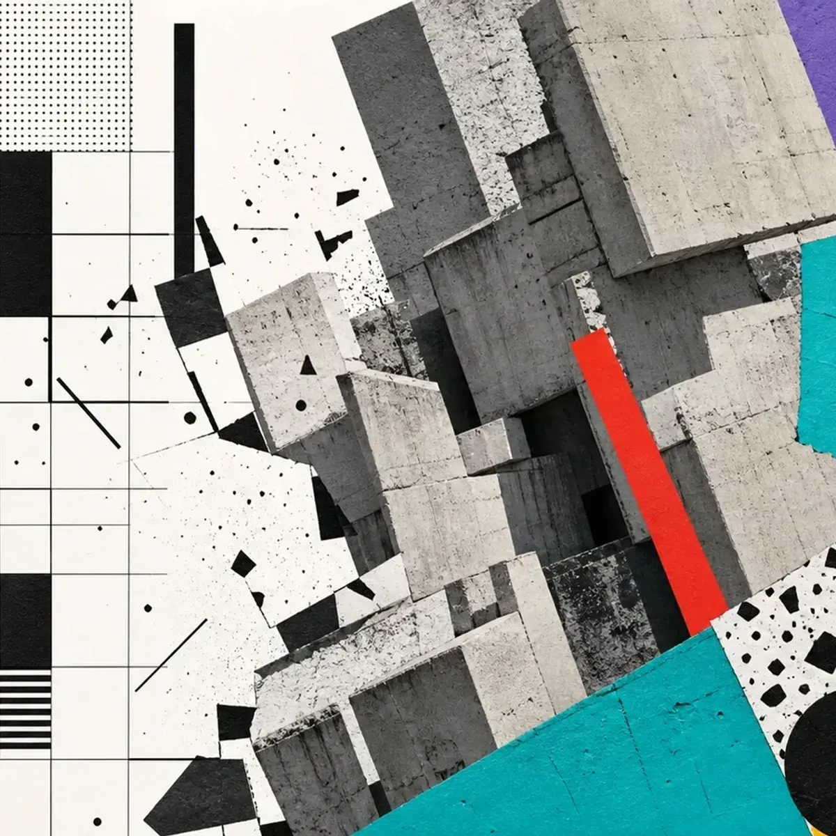 Composicion abstracta que contrasta reticulas racionales, materiales calidos, volumenes brutalistas y geometria Memphis.
