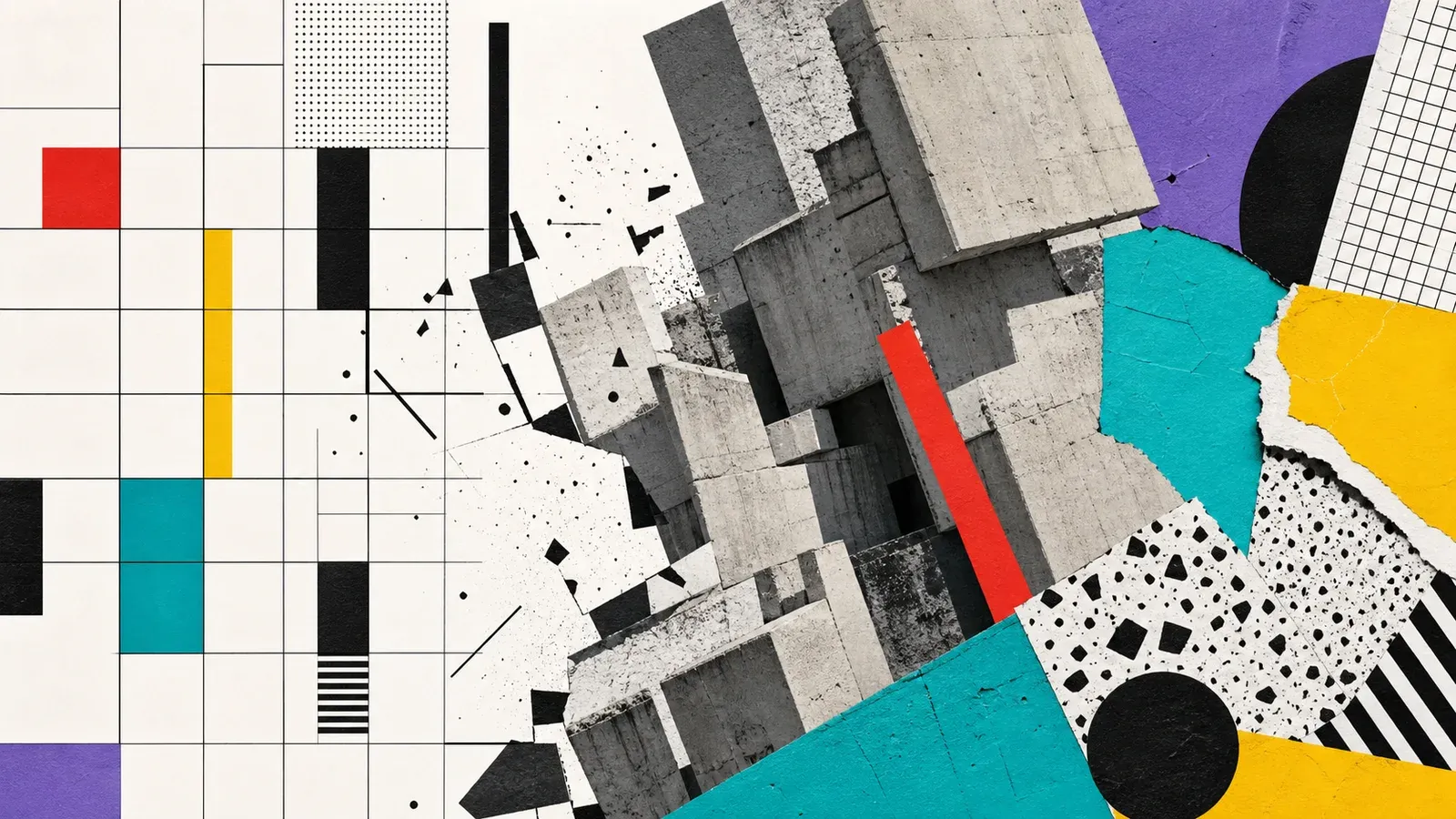 Composicion abstracta que contrasta reticulas racionales, materiales calidos, volumenes brutalistas y geometria Memphis.