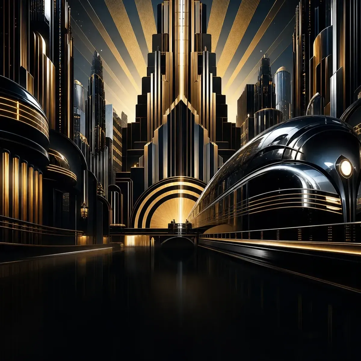Geometria Art Deco con rayos dorados, cromo, velocidad y arquitectura nocturna de la era mecanica.