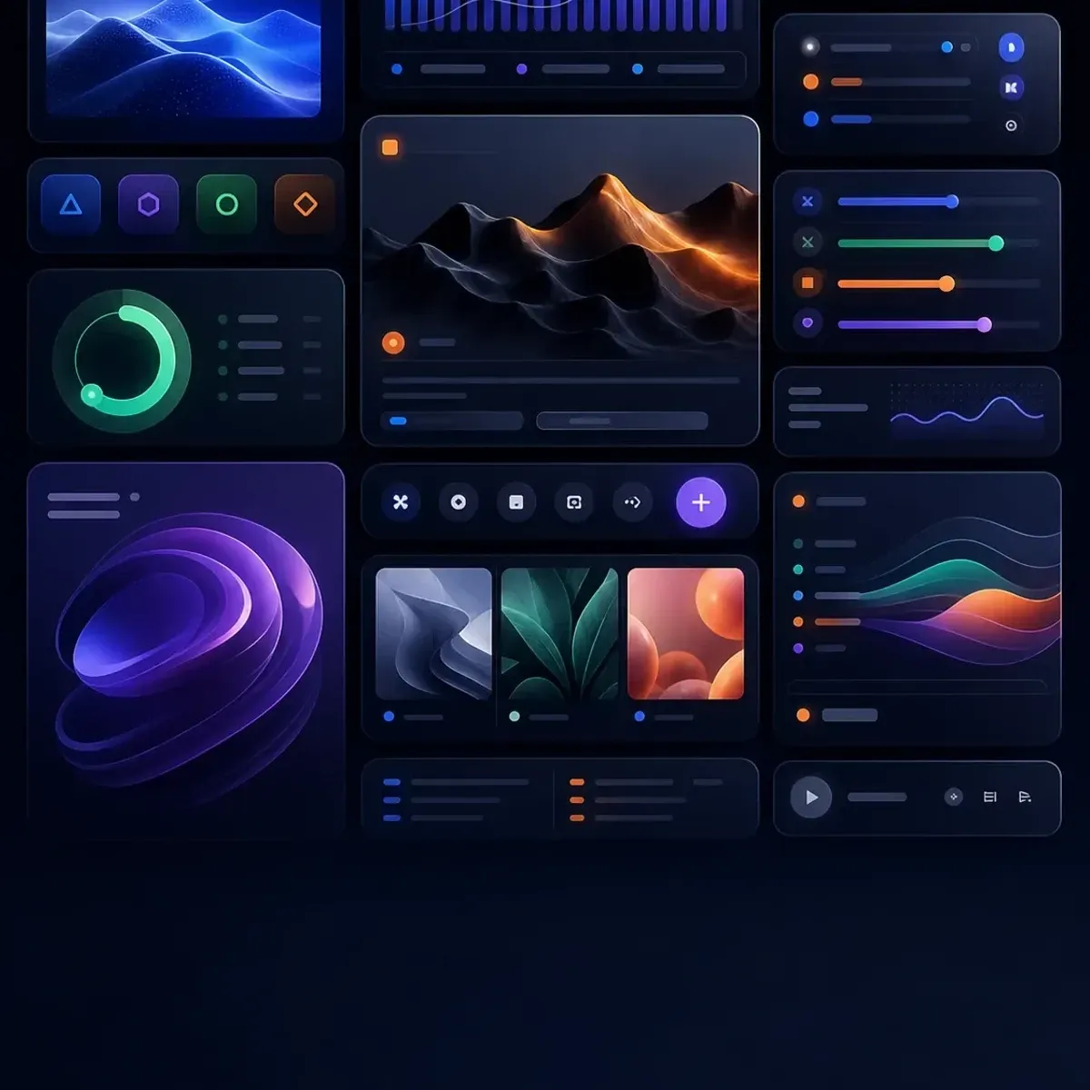 Pantalla Bento UI con tarjetas modulares, datos, miniaturas, controles y jerarquia visual clara.