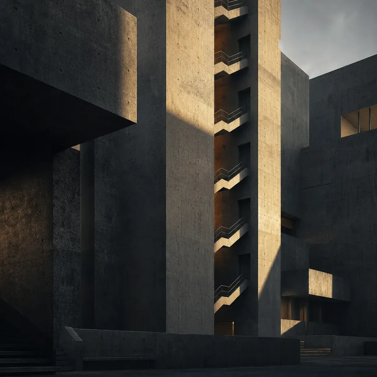 Volumenes brutalistas de hormigon, sombras profundas, estructura expuesta y textura monumental.