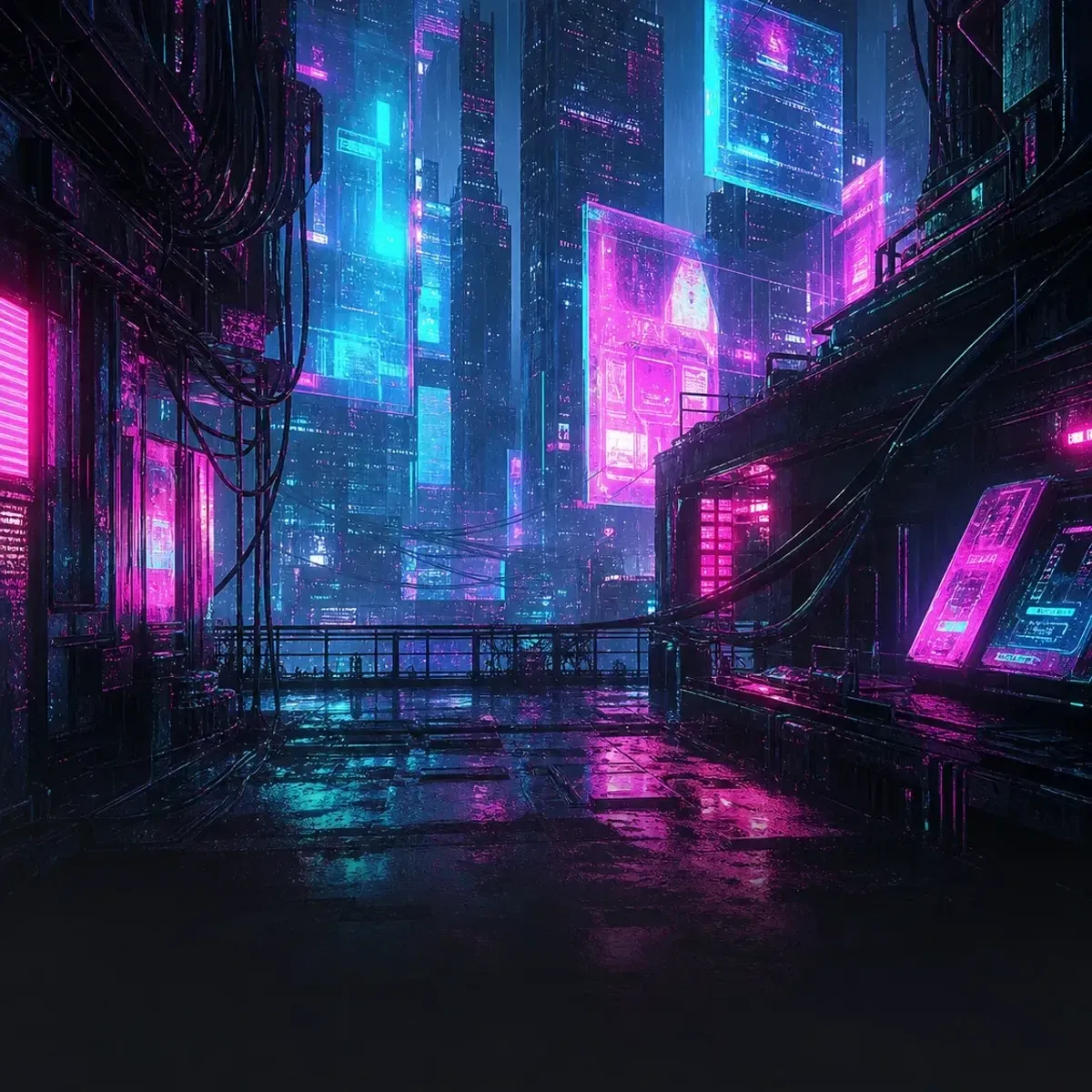 Ciudad cyberpunk con neon, lluvia, cables, pantallas densas y arquitectura corporativa nocturna.