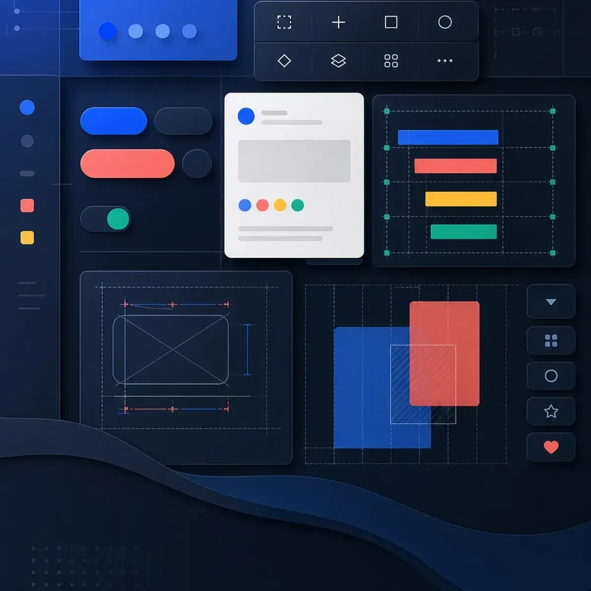Sistema de interfaz plano con componentes modulares, tokens de color, iconos simples y capas sutiles.
