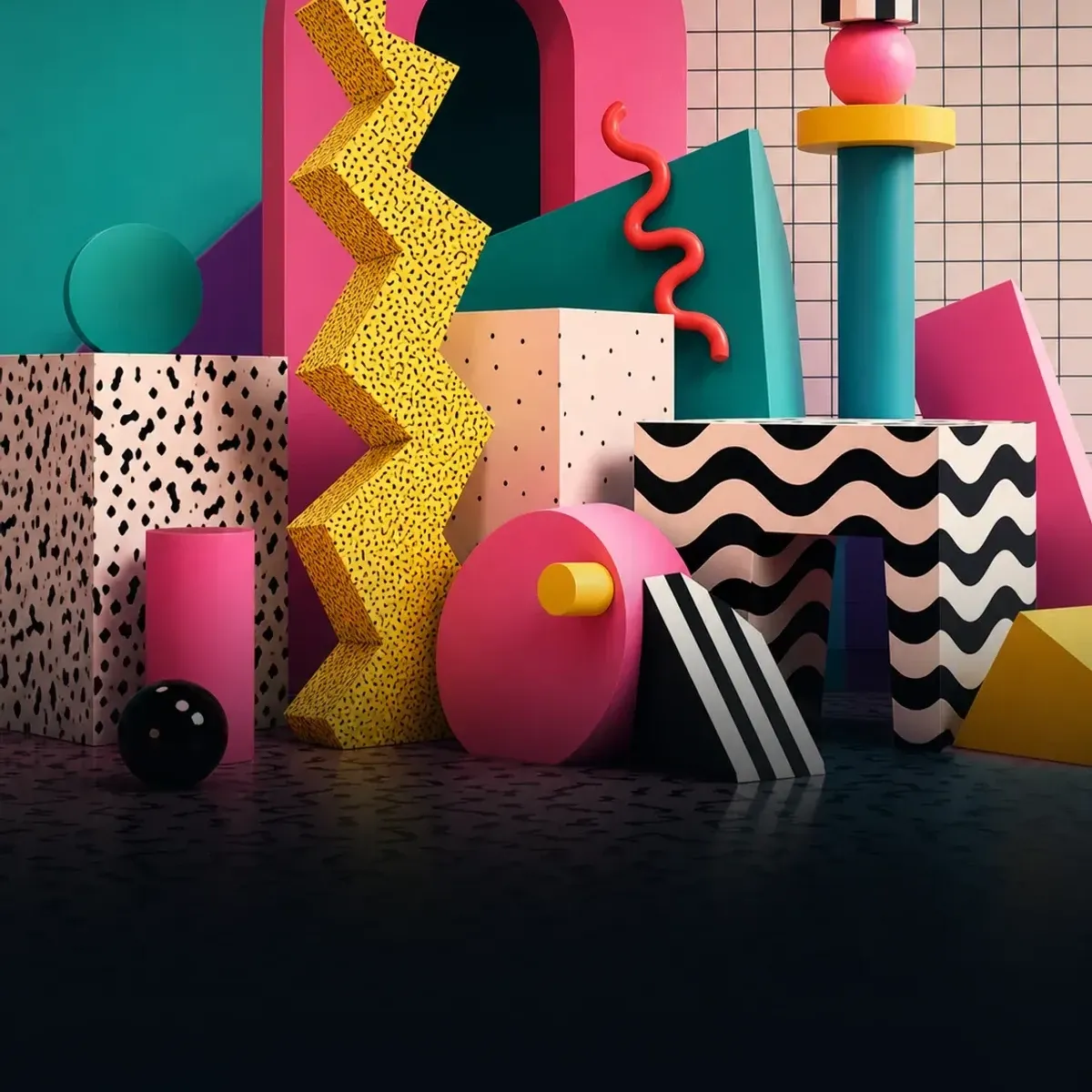Patrones Memphis de colores intensos, laminados, zigzags, puntos y formas geometricas irreverentes.