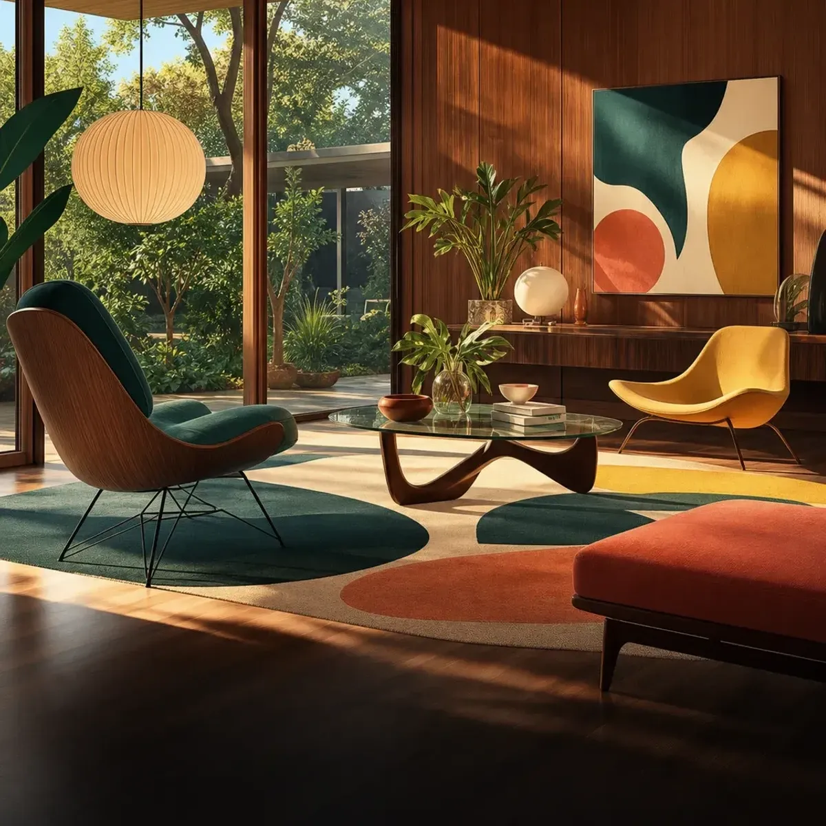 Interior mid-century con formas calidas, madera, vidrio, muebles ligeros y optimismo domestico.