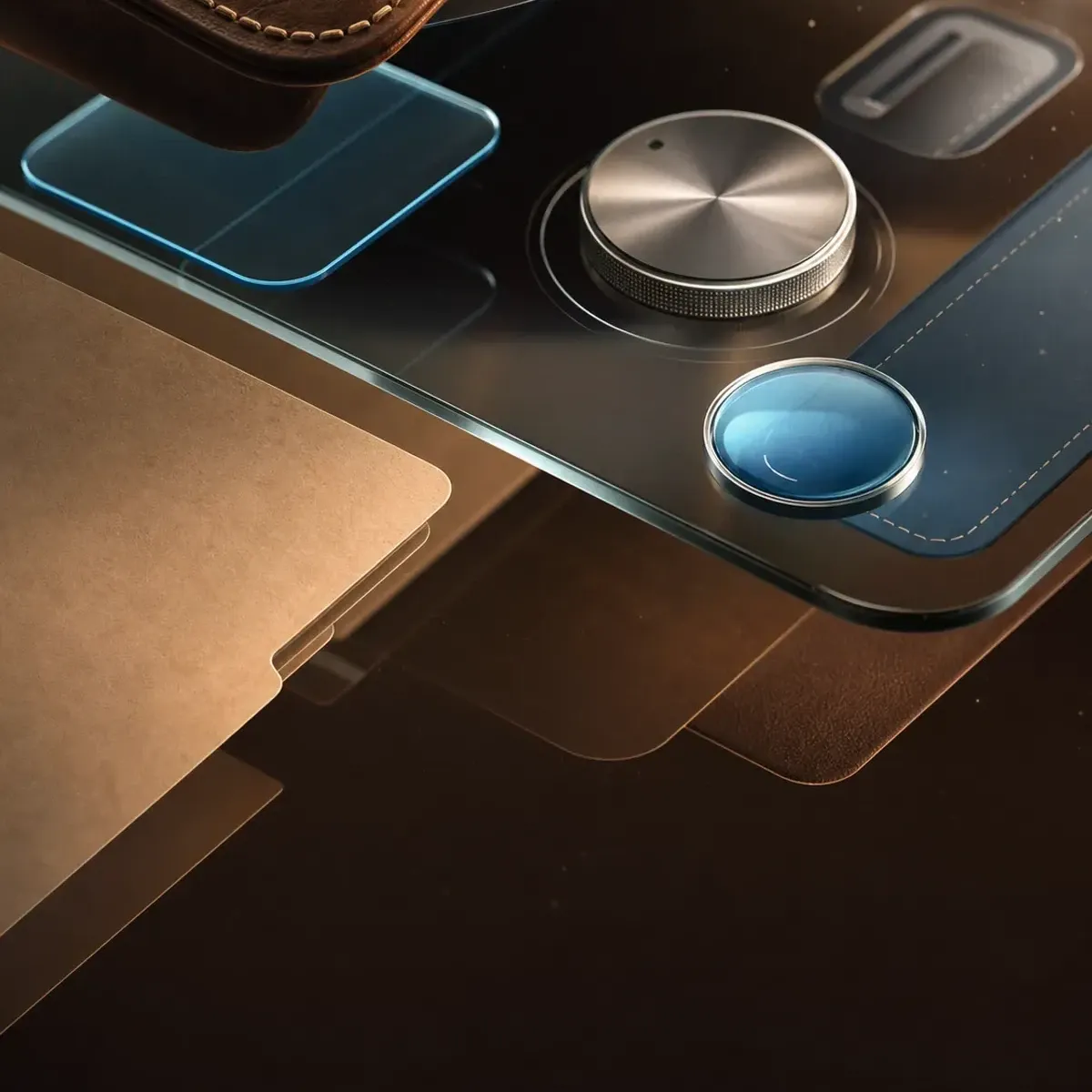 Iconos tactiles de cuero, papel, metal y vidrio flotan sobre una pantalla digital temprana.