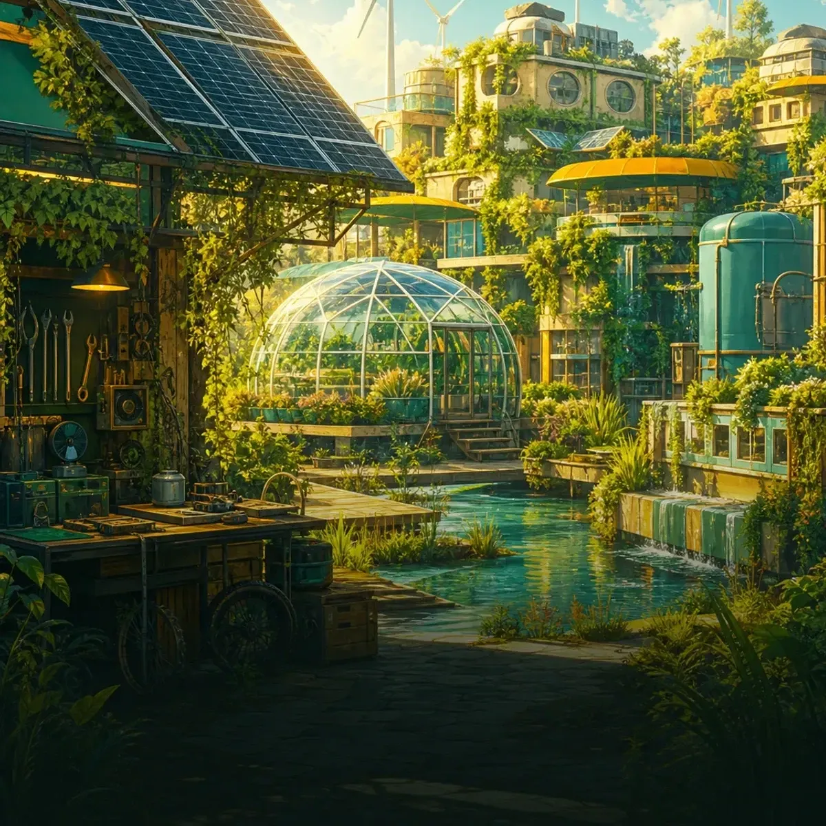 Futuro solarpunk con paneles solares, vegetacion integrada, reparacion comunitaria y luz calida.