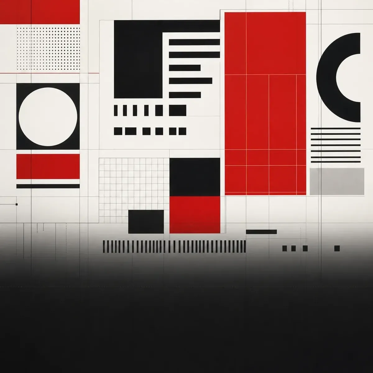 Reticula tipografica suiza con bloques de informacion, alineaciones precisas y contraste rojo negro blanco.