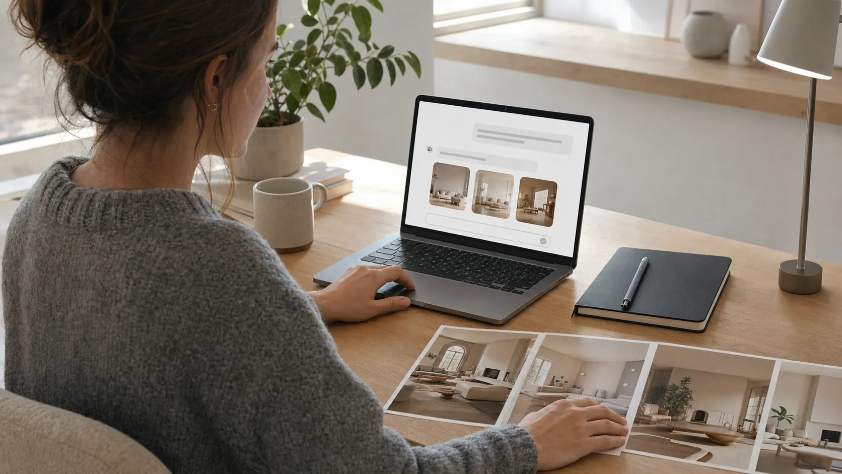 Profesional consulta una IA en una laptop mientras compara resultados generados con referencias visuales.