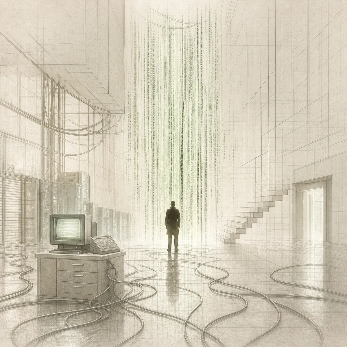 Composición editorial inspirada en la tecnología de finales de los noventa de The Matrix, con fósforo verde, monitores de tubo e interferencia analógica.
