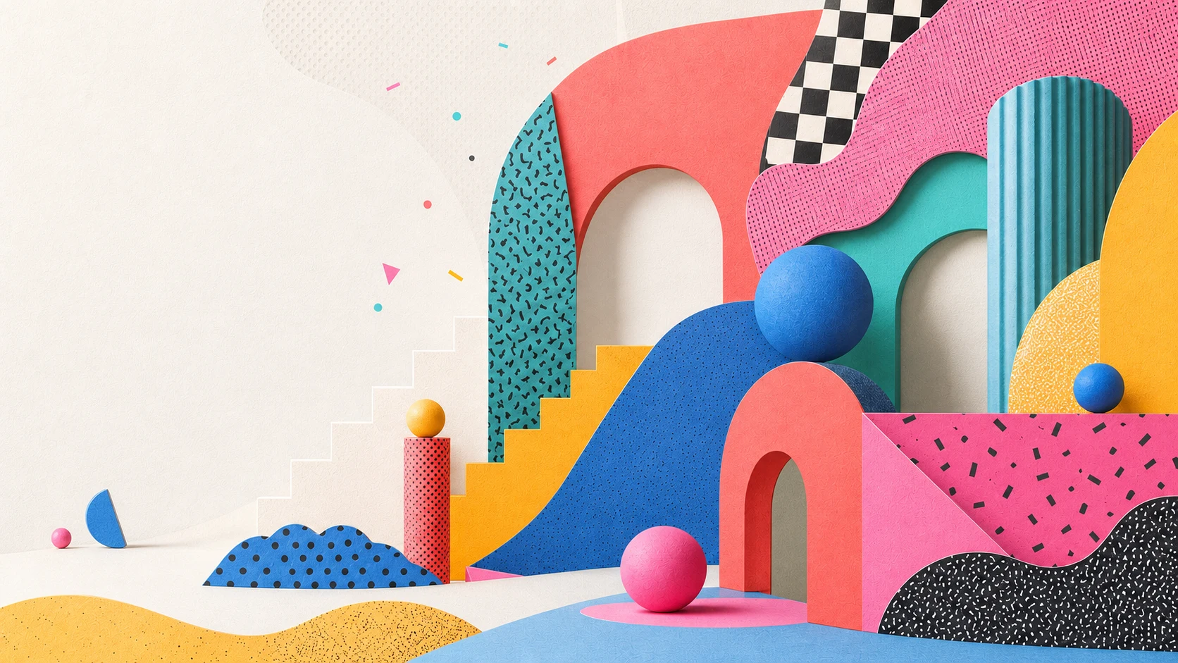 Composición Memphis ilustrada con formas geométricas, color y texturas impresas