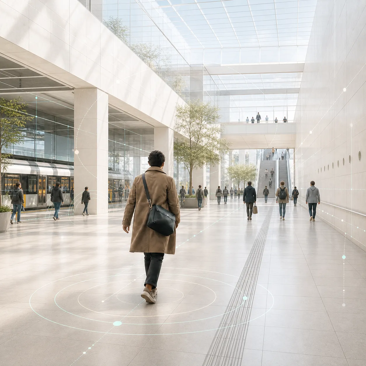 Espacio público contemporáneo donde rutas, proximidad y contexto convierten el entorno en una interfaz invisible.