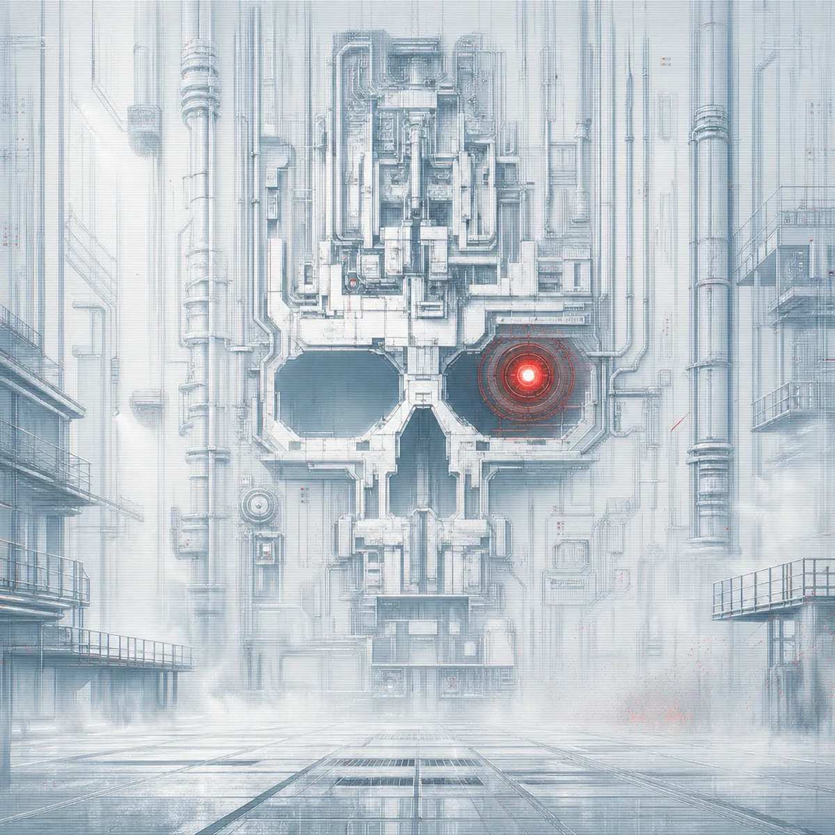 Composición editorial inspirada en la tecnología militar de Terminator, con acero frío, visión infrarroja abstracta y una amenaza industrial.